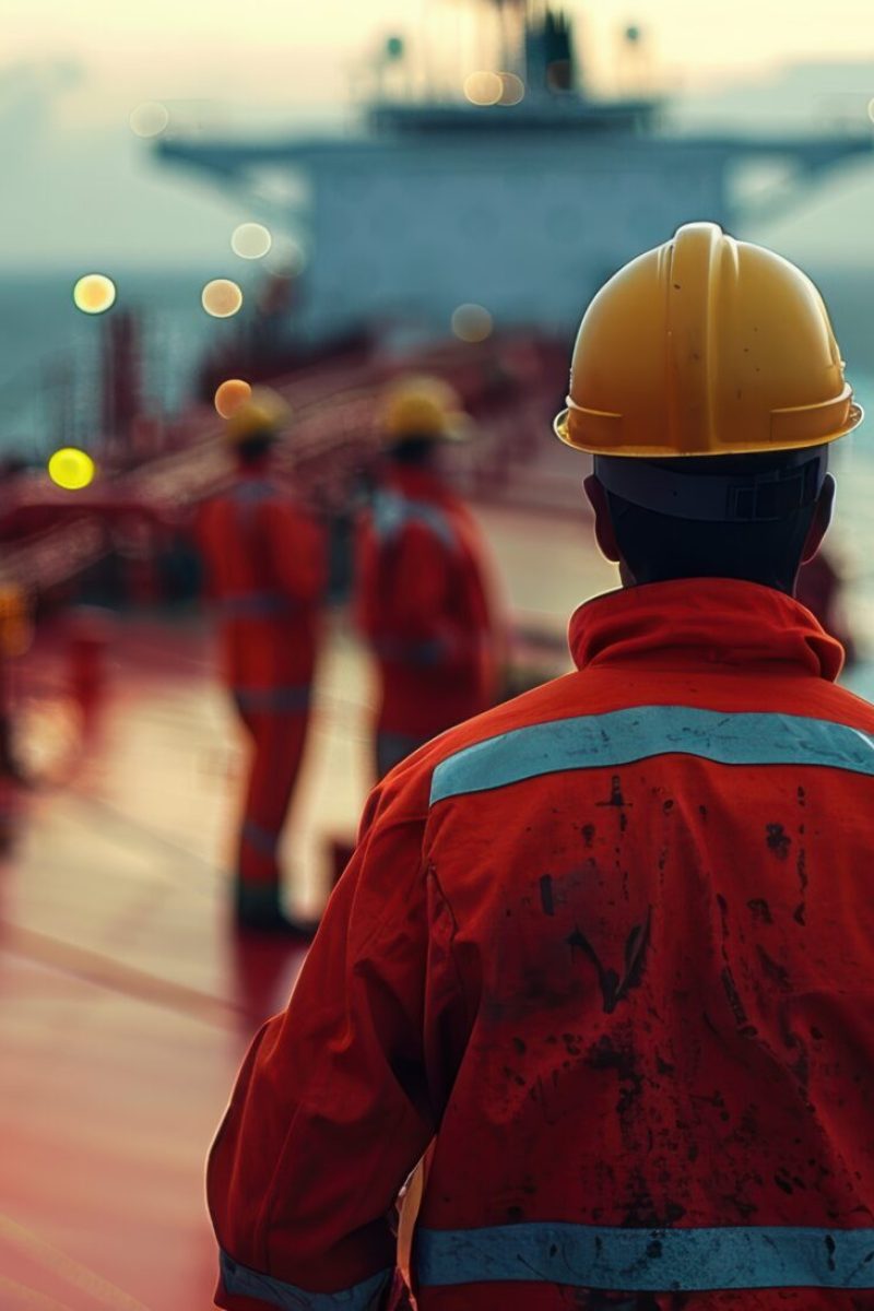 A crew member in a safety helmet stands on the deck of an oil tanker, observing operations at sea during sunset, showcasing teamwork and maritime activity.